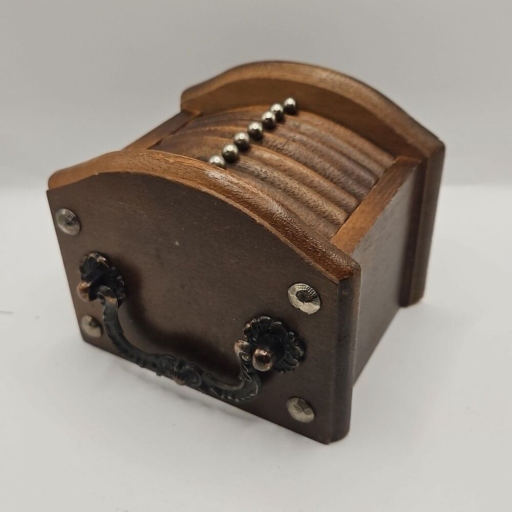 Vintage Mid-Century Modern Wooden Coaster Set of 8 with Holder Bronze Handle